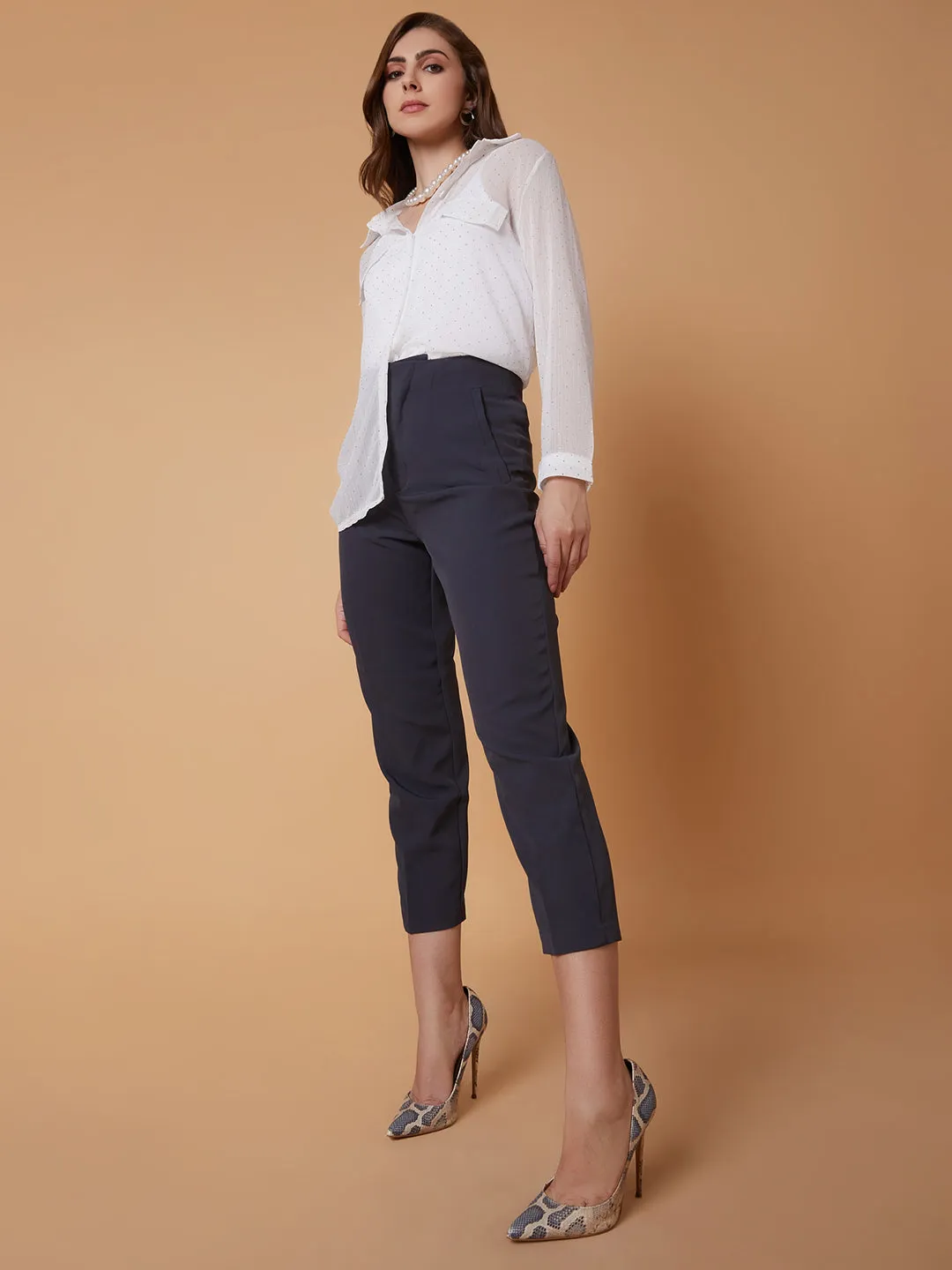 Women Charcoal Solid Comfort Slim Fit Formal Trousers