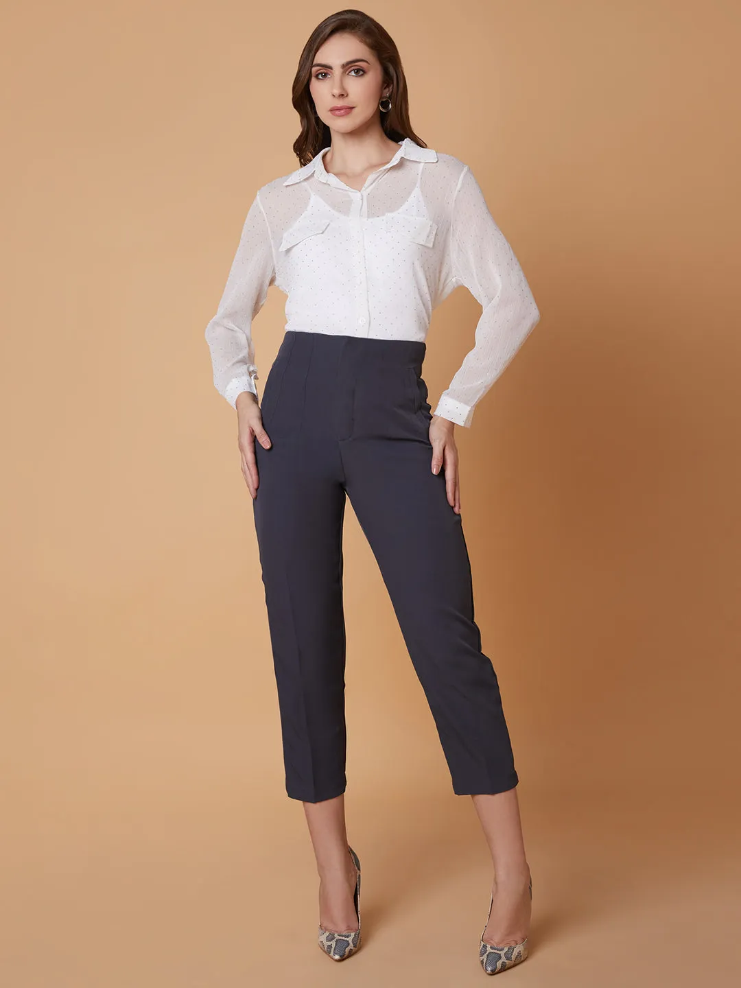 Women Charcoal Solid Comfort Slim Fit Formal Trousers