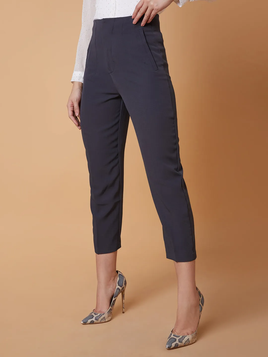 Women Charcoal Solid Comfort Slim Fit Formal Trousers