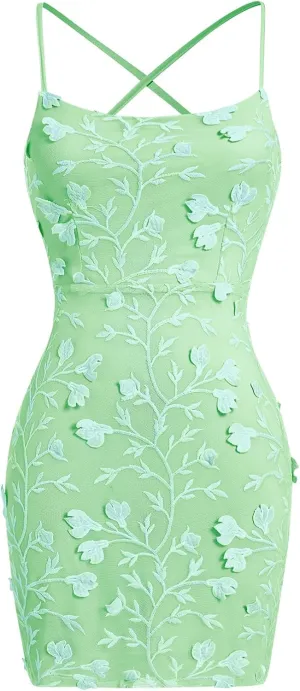 Women Floral Applique Sequin Bodycon Mini Dress Short Homecoming Dresses Tight Backless Formal Party Club Cocktail