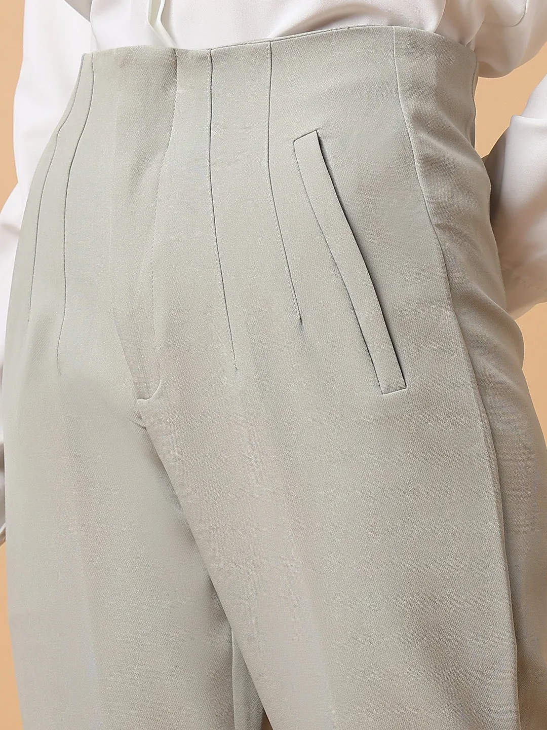 Women Grey Comfort Slim Fit Pleated Trousers