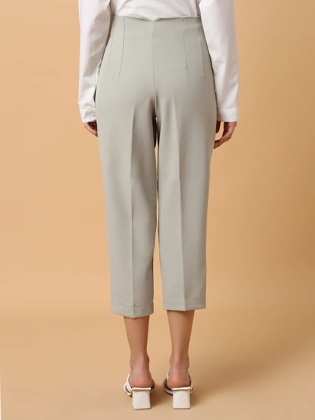 Women Grey Comfort Slim Fit Pleated Trousers