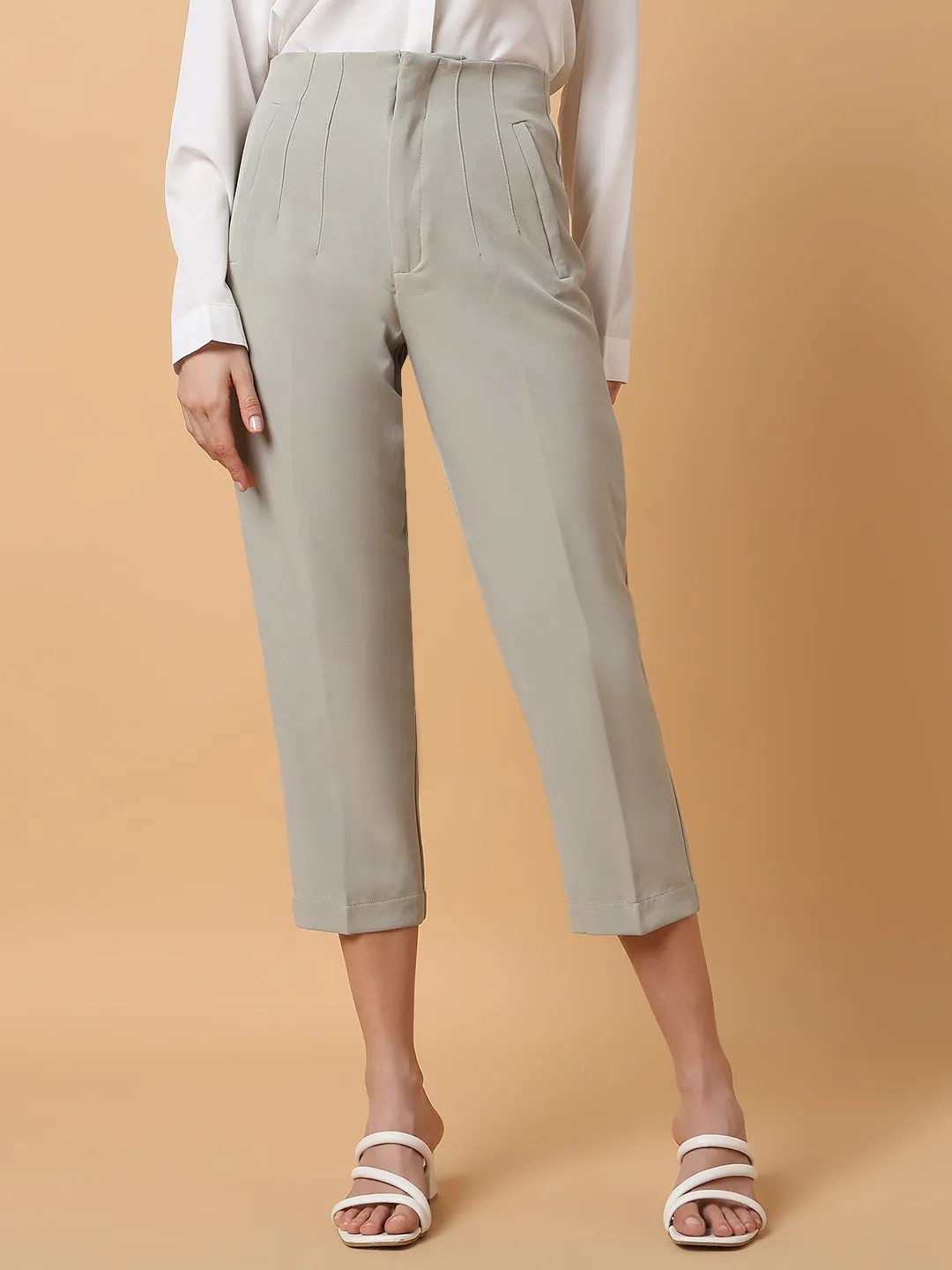 Women Grey Comfort Slim Fit Pleated Trousers