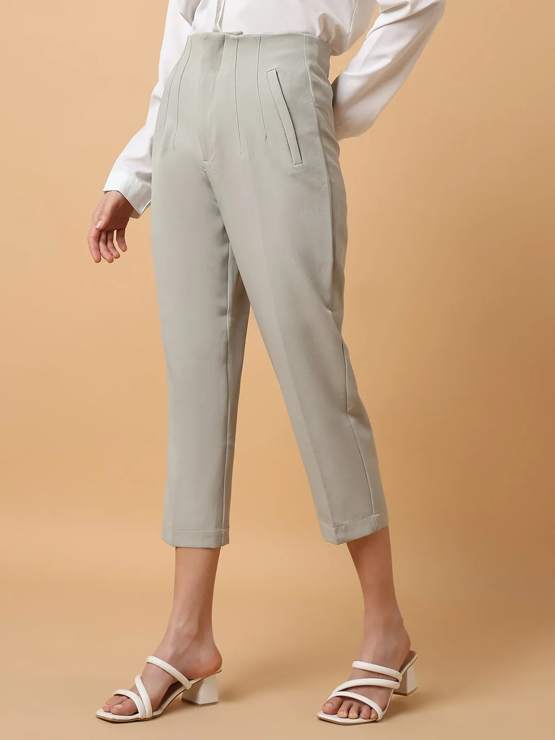 Women Grey Comfort Slim Fit Pleated Trousers