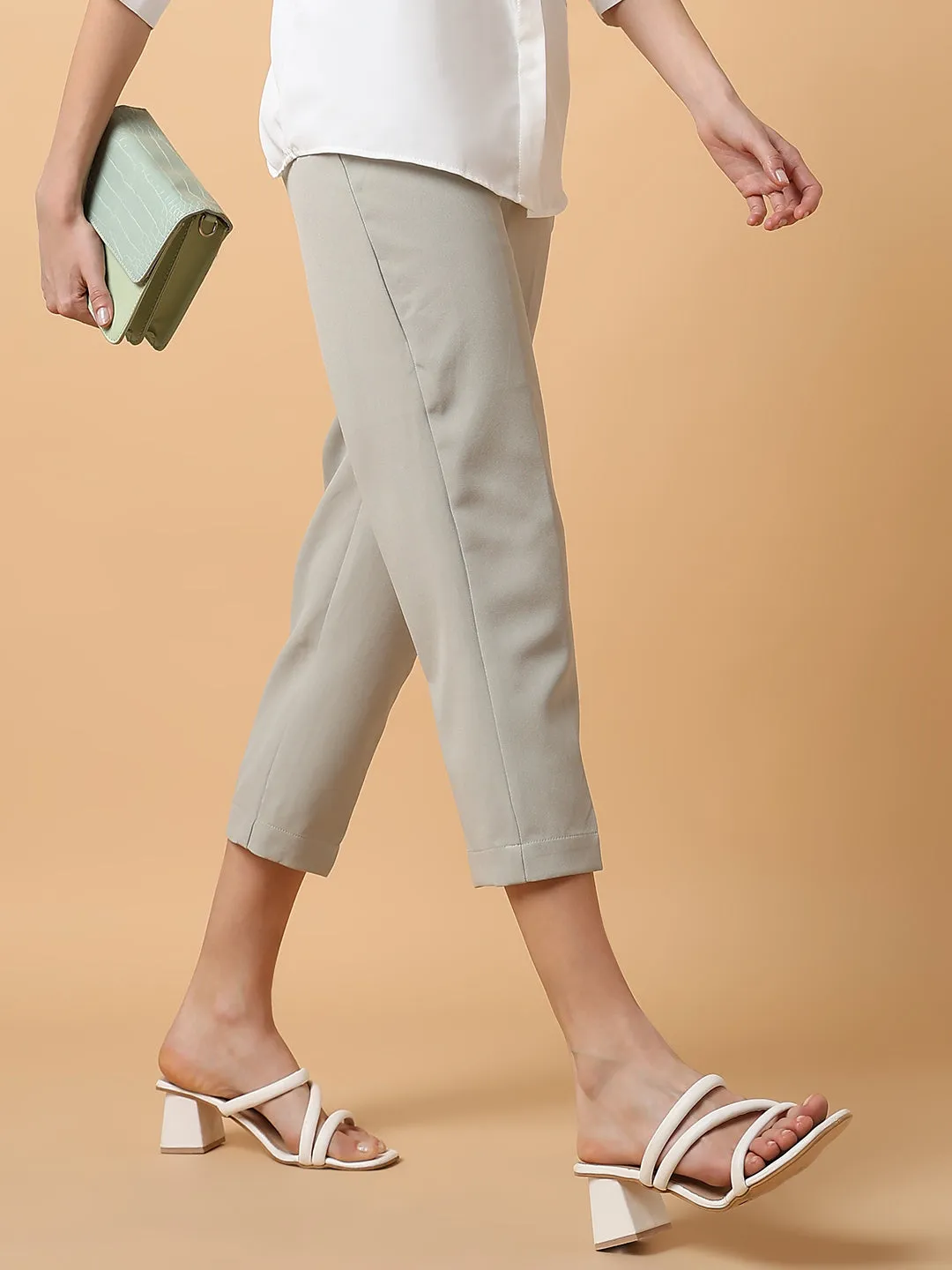 Women Grey Comfort Slim Fit Pleated Trousers