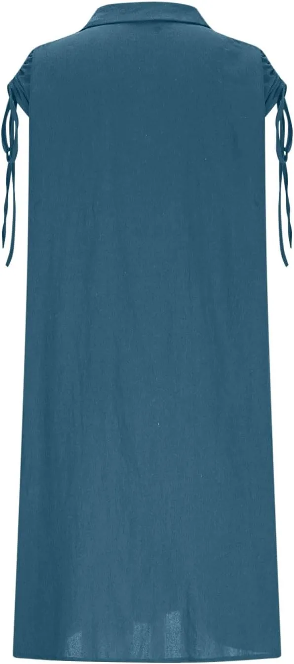 Women Summer Casual Loose Button Down Shirt Dress Tie Short Sleeve V Neck Lapel Collar Mini Dresses Beach Cover Ups