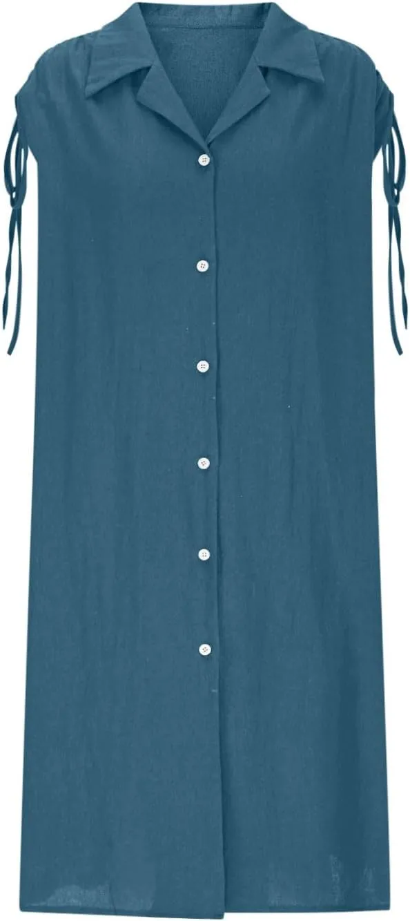 Women Summer Casual Loose Button Down Shirt Dress Tie Short Sleeve V Neck Lapel Collar Mini Dresses Beach Cover Ups
