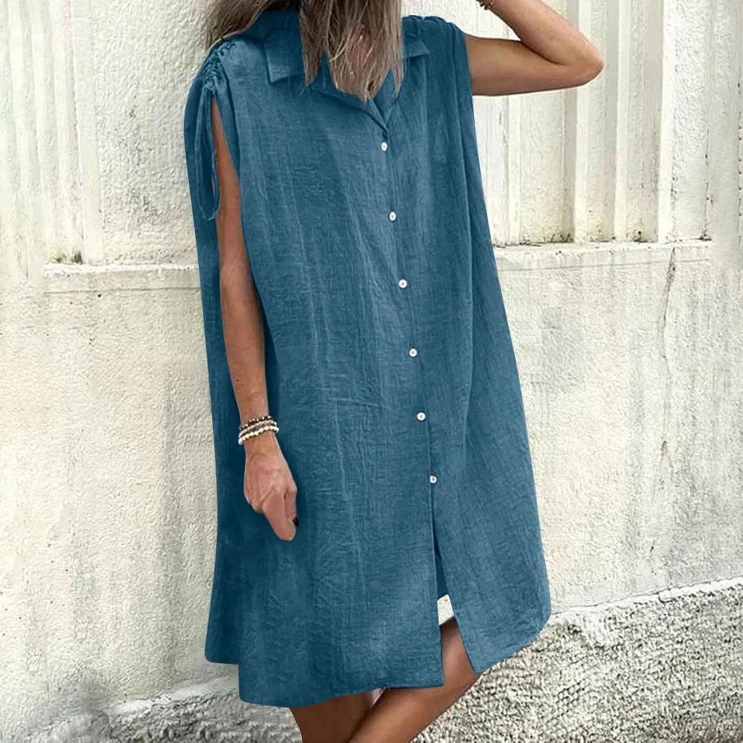 Women Summer Casual Loose Button Down Shirt Dress Tie Short Sleeve V Neck Lapel Collar Mini Dresses Beach Cover Ups