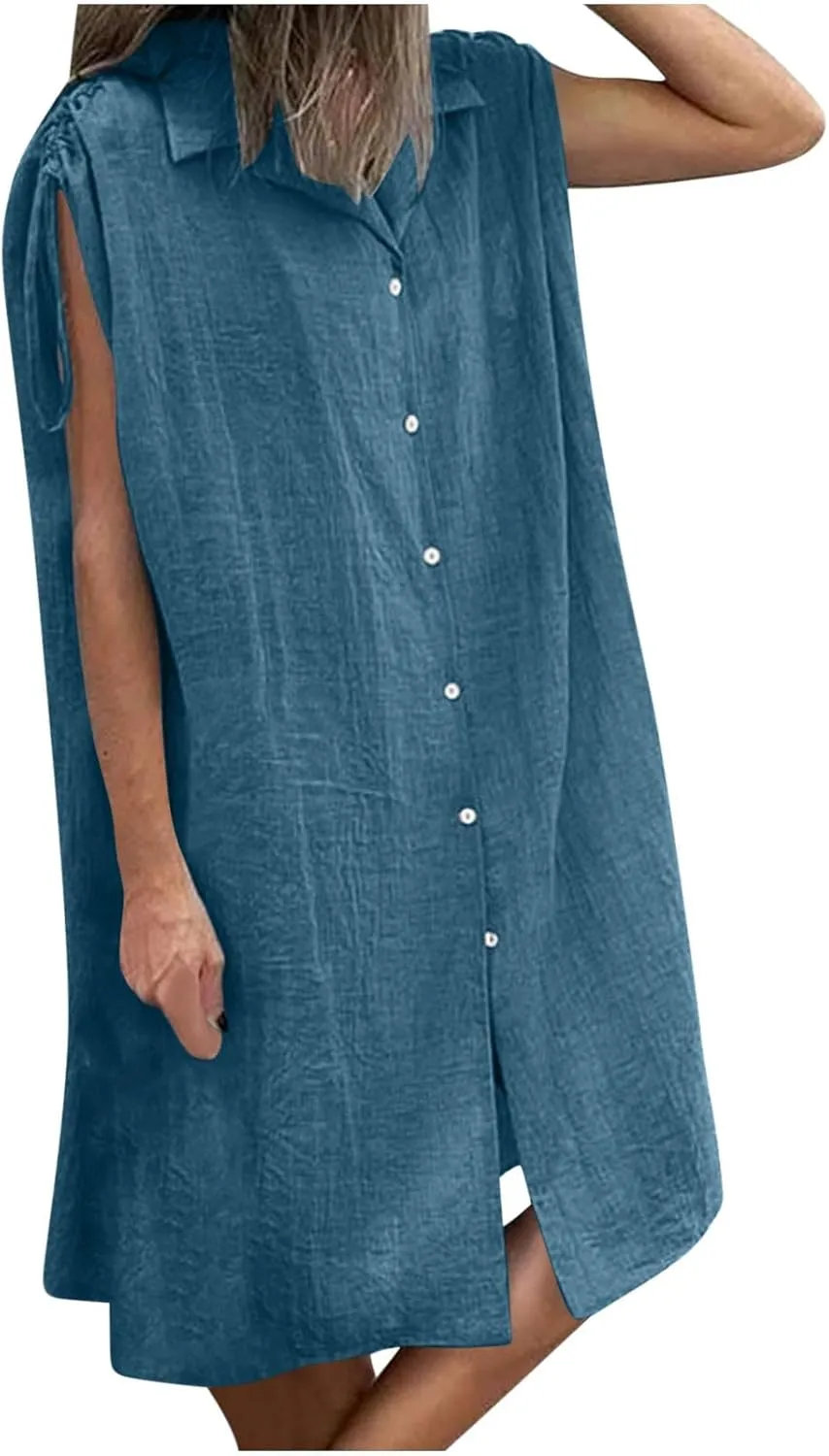 Women Summer Casual Loose Button Down Shirt Dress Tie Short Sleeve V Neck Lapel Collar Mini Dresses Beach Cover Ups