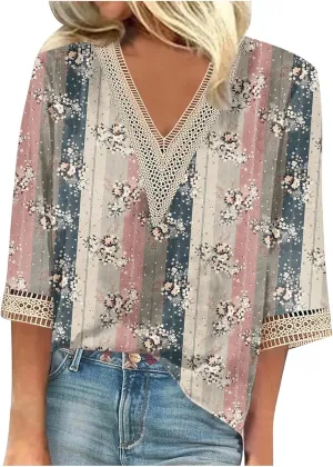 Women's 3/4 Sleeve Loose Printed Top Deep V Neck Casual Vacation Women's 3/4 Sleeve Shirt with Work Pants