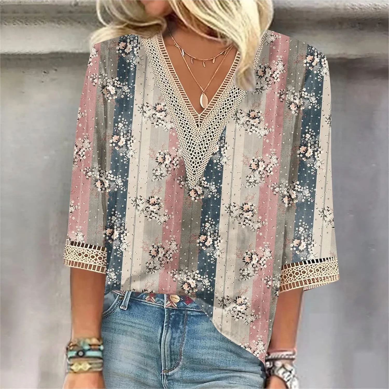 Women's 3/4 Sleeve Loose Printed Top Deep V Neck Casual Vacation Women's 3/4 Sleeve Shirt with Work Pants