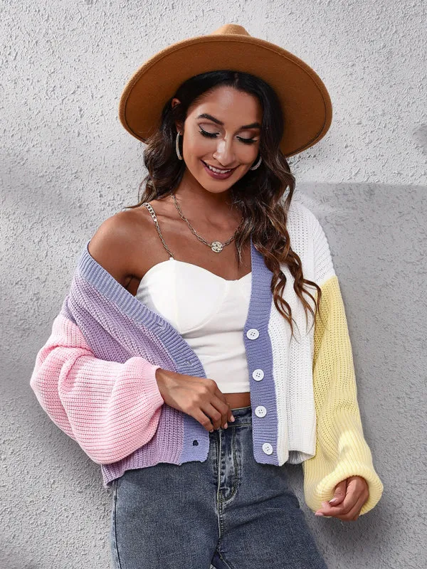 Women's contrast color knitted cardigan Color Matching short sweater