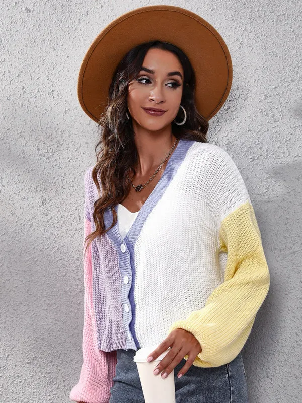 Women's contrast color knitted cardigan Color Matching short sweater