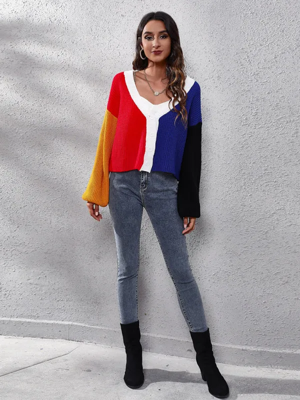 Women's contrast color knitted cardigan Color Matching short sweater