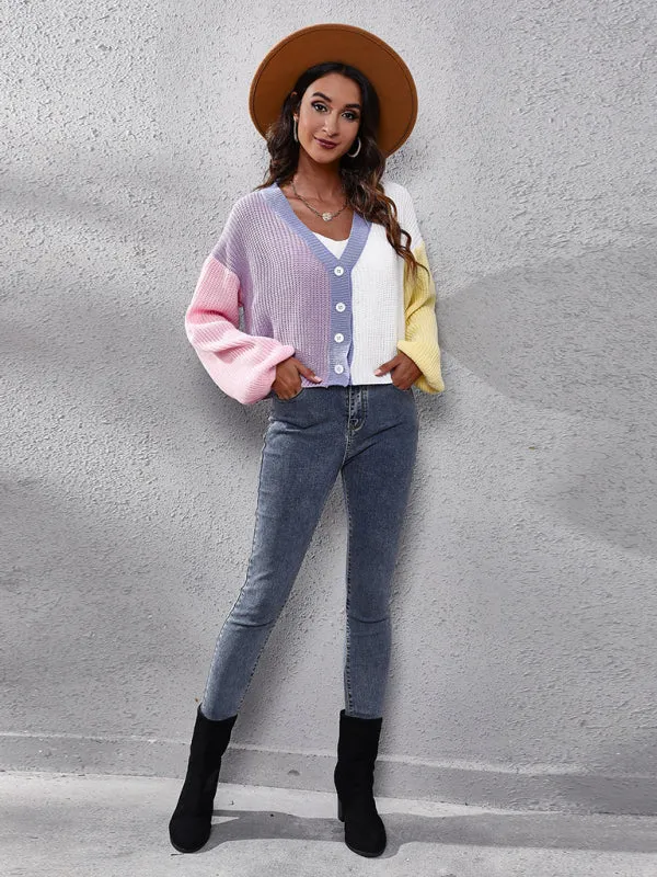 Women's contrast color knitted cardigan Color Matching short sweater