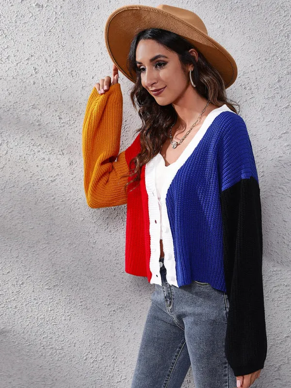 Women's contrast color knitted cardigan Color Matching short sweater