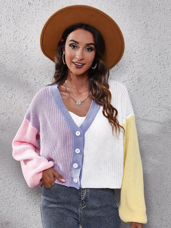 Women's contrast color knitted cardigan Color Matching short sweater