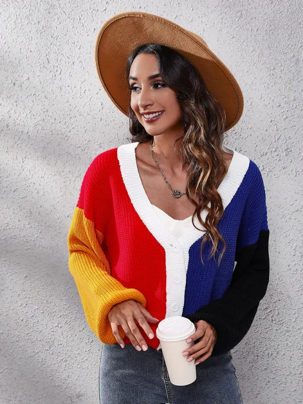 Women's contrast color knitted cardigan Color Matching short sweater