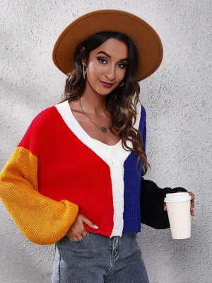 Women's contrast color knitted cardigan Color Matching short sweater