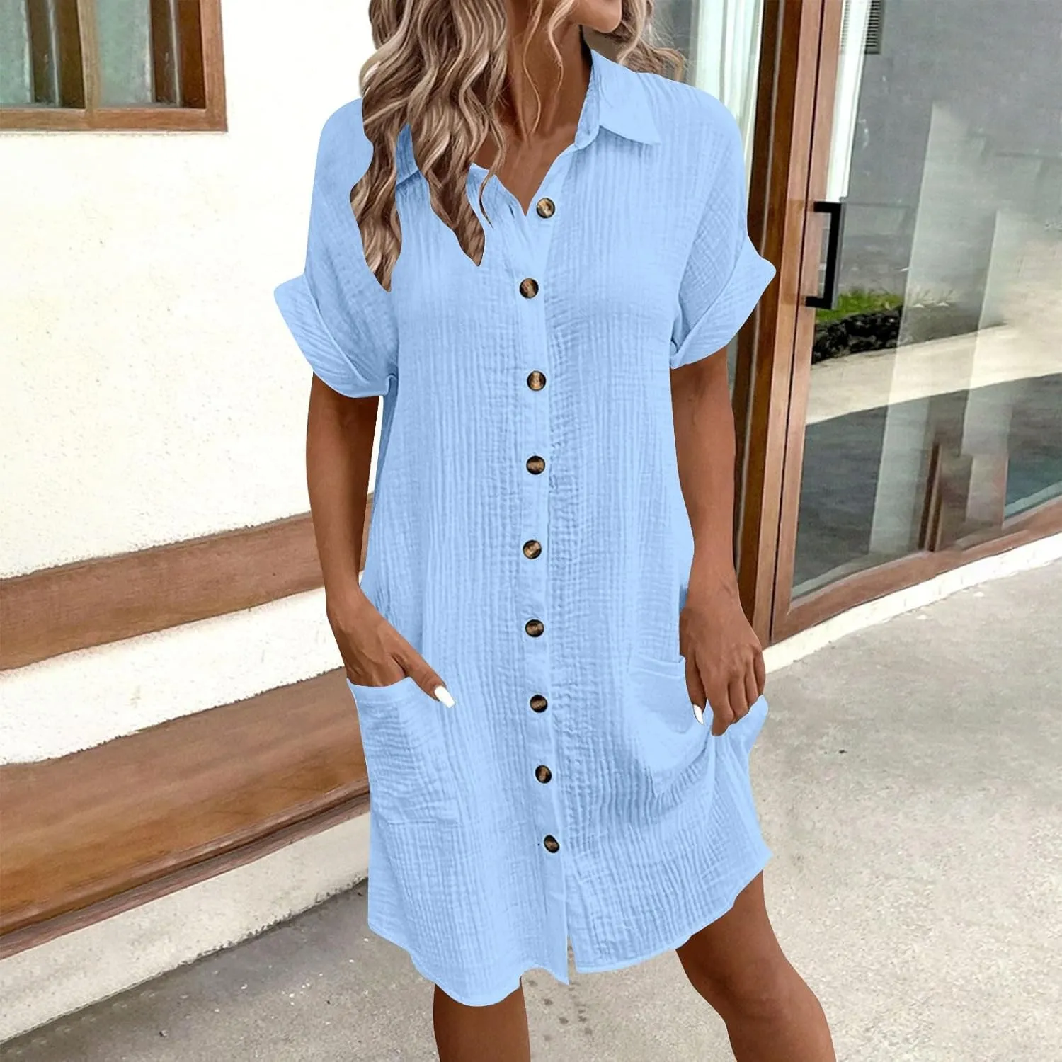 Womens Shirts Dresses Fashion Solid Color Cotton Short Sleeves Button up Lapel Midi Dress Summer Beach Sundress