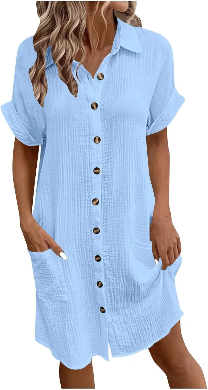 Womens Shirts Dresses Fashion Solid Color Cotton Short Sleeves Button up Lapel Midi Dress Summer Beach Sundress