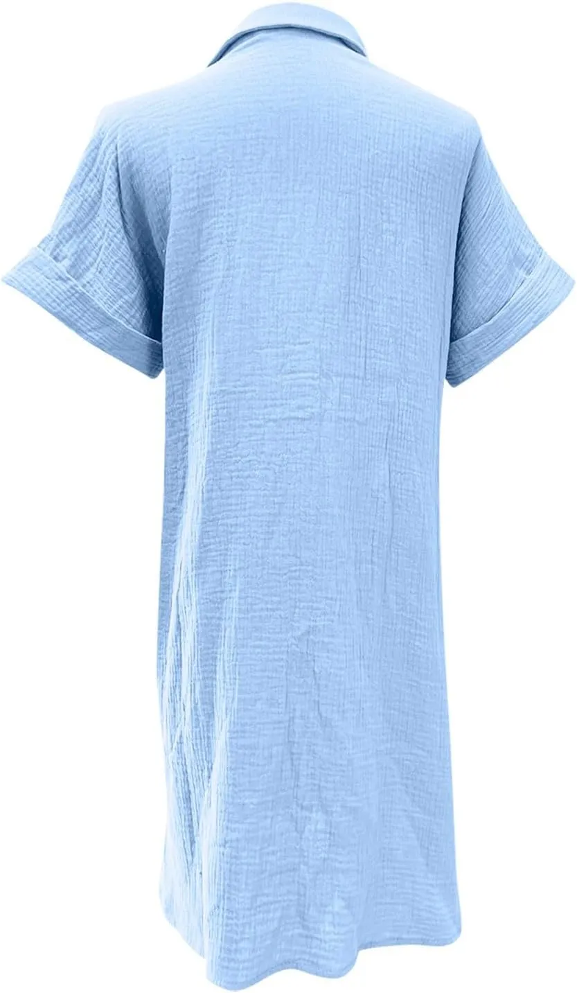 Womens Shirts Dresses Fashion Solid Color Cotton Short Sleeves Button up Lapel Midi Dress Summer Beach Sundress