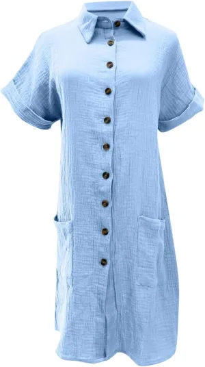 Womens Shirts Dresses Fashion Solid Color Cotton Short Sleeves Button up Lapel Midi Dress Summer Beach Sundress