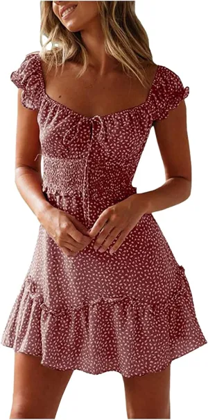 Women's Summer Dress 2025 Beach Sundress Vacation Dress Ruffle Sleeve Sweetheart Neckline Printing Dress Mini Dress