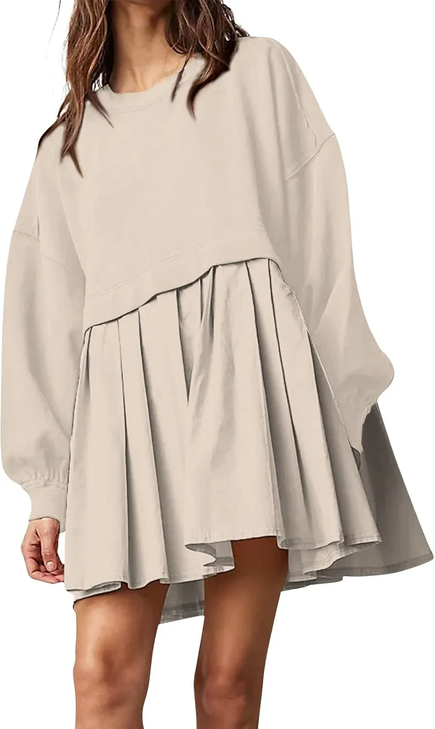 Womens Summer Dresses Oversized Sweatshirt Dress Neck Long Sleeve Patchwork Pullover Tops Sweatshirt Dress