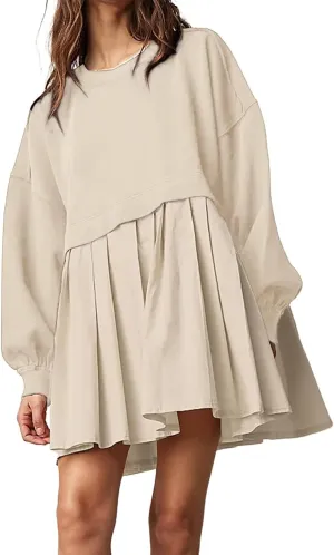 Womens Summer Dresses Oversized Sweatshirt Dress Neck Long Sleeve Patchwork Pullover Tops Sweatshirt Dress