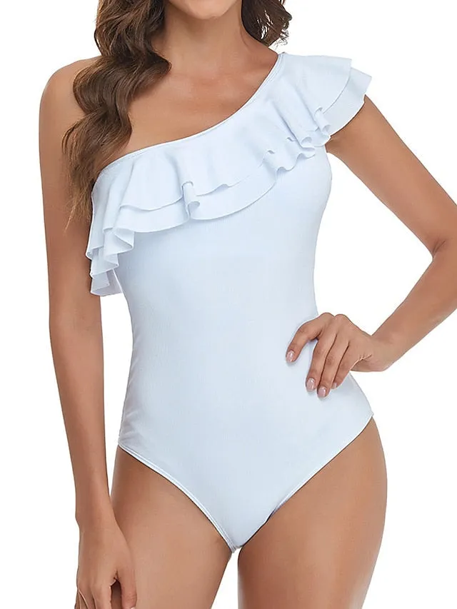 Women's Swimwear One Piece Normal Swimsuit Ruffle Backless Tummy Control Pure Color Black White Yellow Wine Padded Bathing Suits New Vacation Stylish