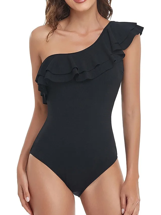 Women's Swimwear One Piece Normal Swimsuit Ruffle Backless Tummy Control Pure Color Black White Yellow Wine Padded Bathing Suits New Vacation Stylish