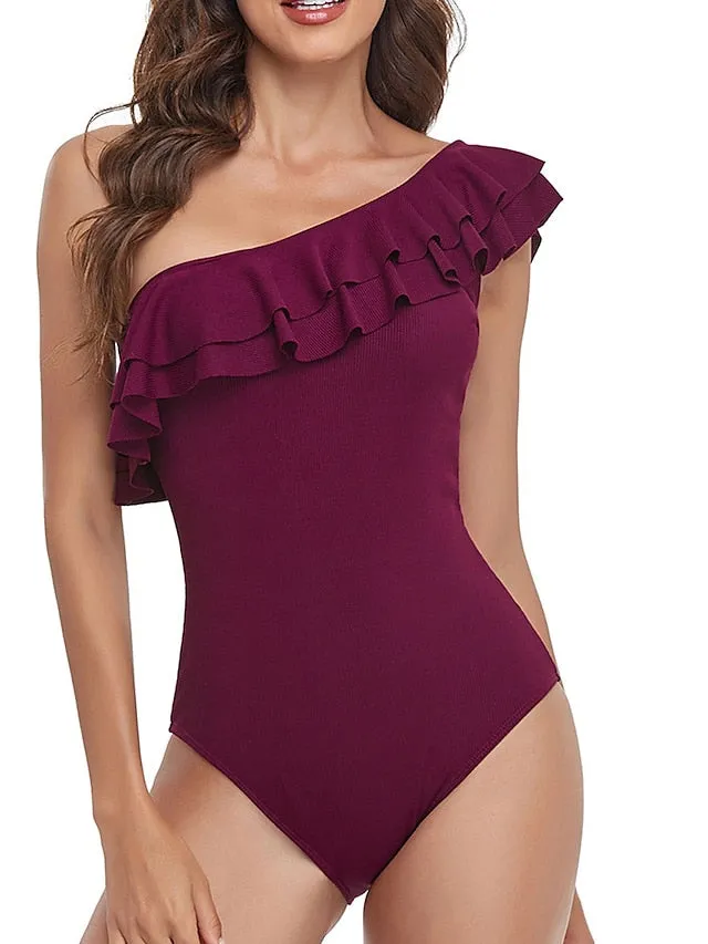 Women's Swimwear One Piece Normal Swimsuit Ruffle Backless Tummy Control Pure Color Black White Yellow Wine Padded Bathing Suits New Vacation Stylish